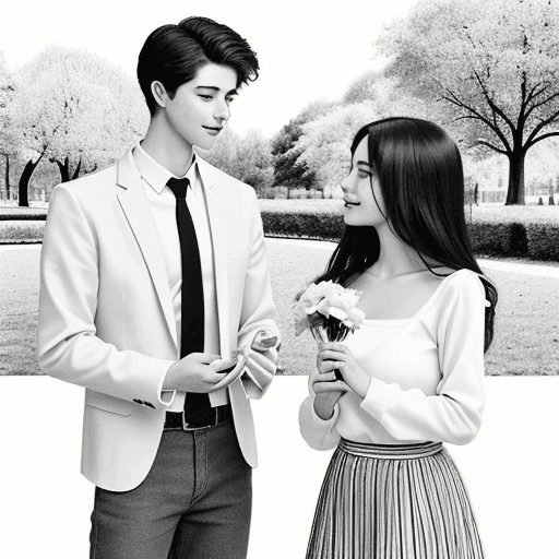 AI generated: coloring page, of a romantic young man, with his girlfriend, he gives her a flower, in the park,the ...
