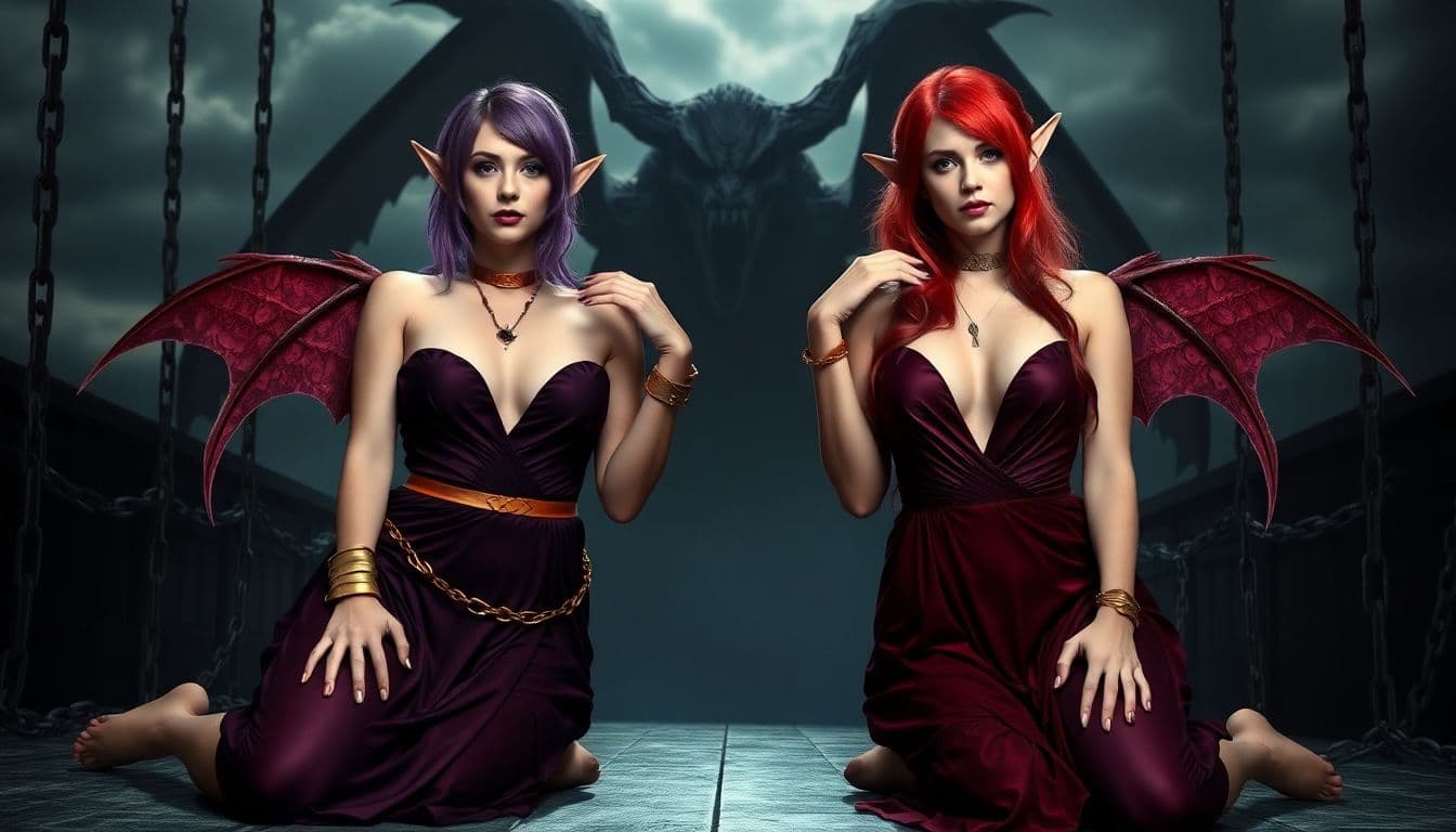 AI generated: two women with elf ears and wings, posing in a dark, ominous setting. The woman on the left has purp...