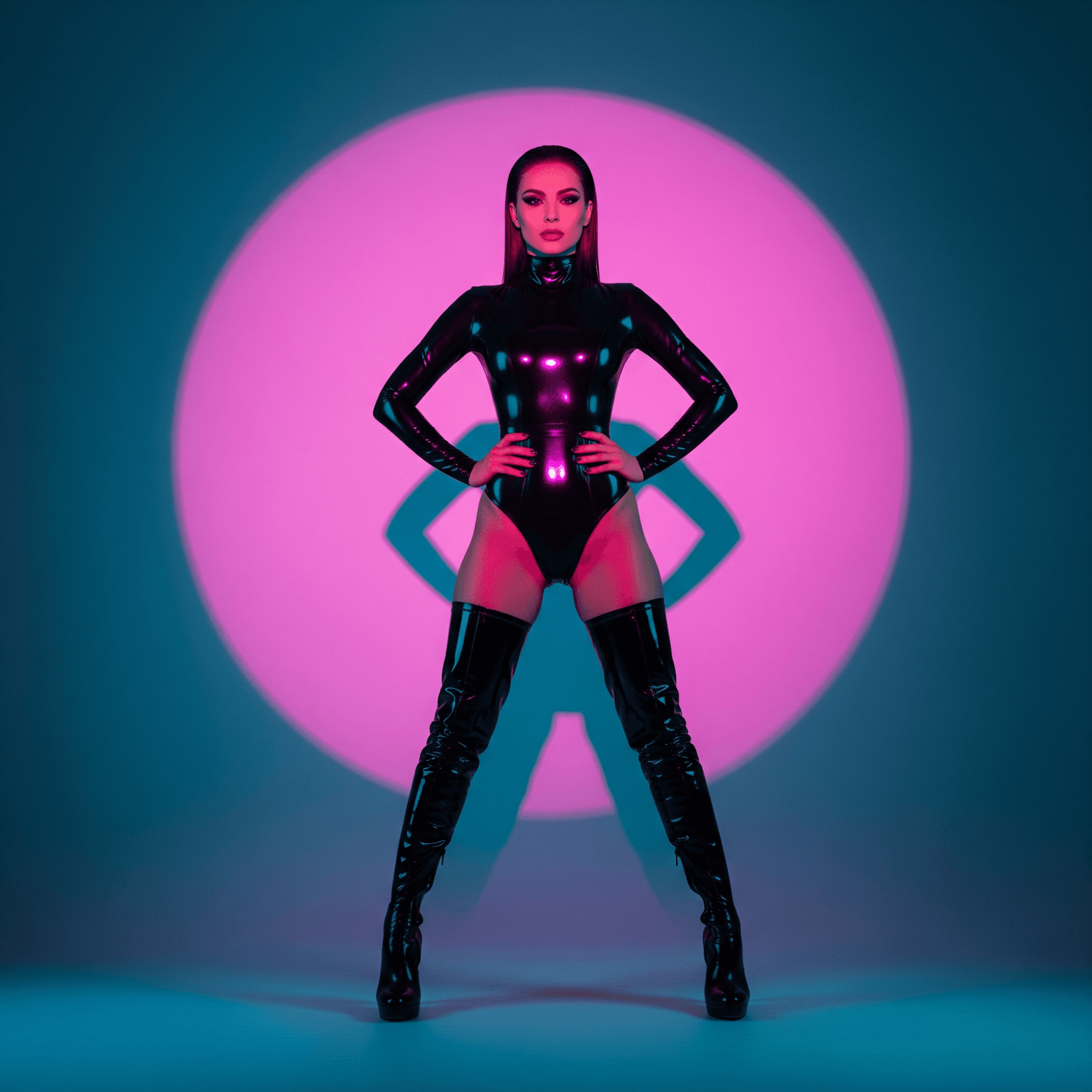 AI generated: Full-body shot of a powerful woman in a high-shine black latex high-cut bodysuit and matching thigh-...