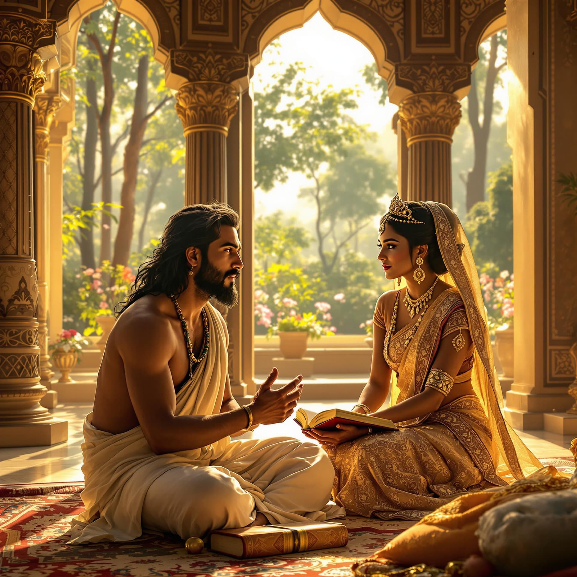 AI generated: he scene takes place in an opulent palace chamber, adorned with intricate Indian architecture and re...