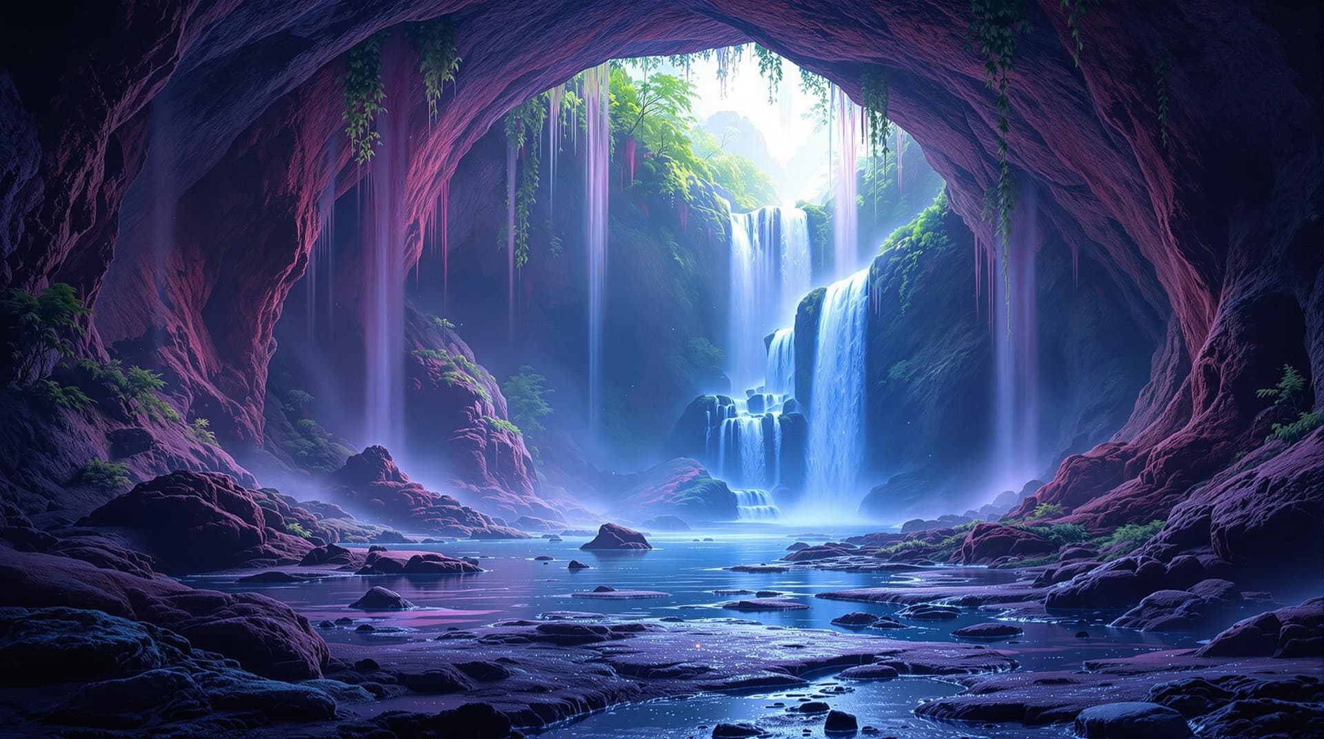 AI generated: landscape  underground with beautiful waterfall , surreal lighting