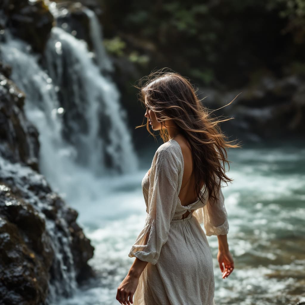 AI generated: Woman photo model walking alongside a flowing waterfall, water gently cascading. Camera follows her ...