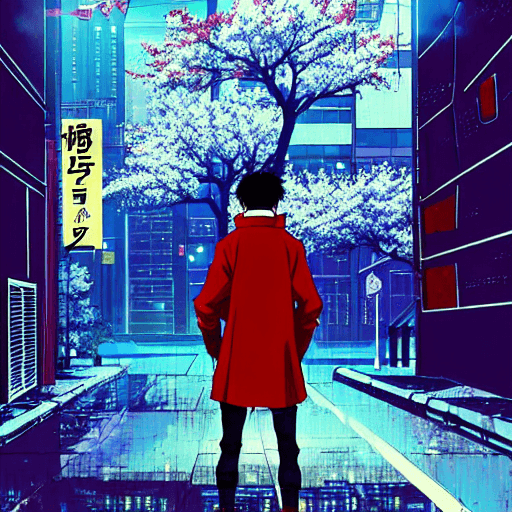 AI generated: anime key visual of cyberpunk man in red cloak walking in Cyberpunk Tokyo City, from the anime Akira...