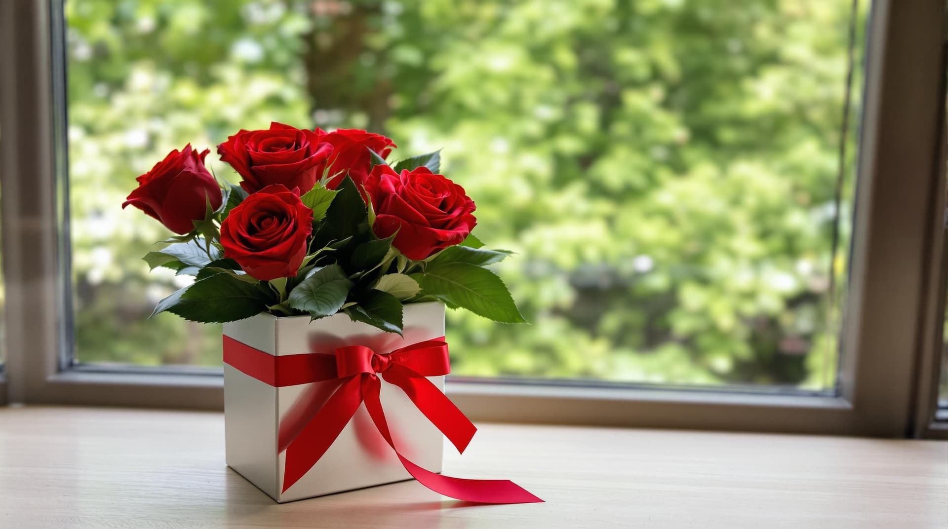 AI generated: A close-up photo of a small, rectangular gift box with a silver finish and a red ribbon tied around ...