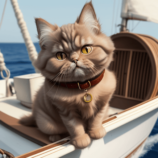 AI generated: A fat, light brown Persian cat wearing a collar and sailing alone 