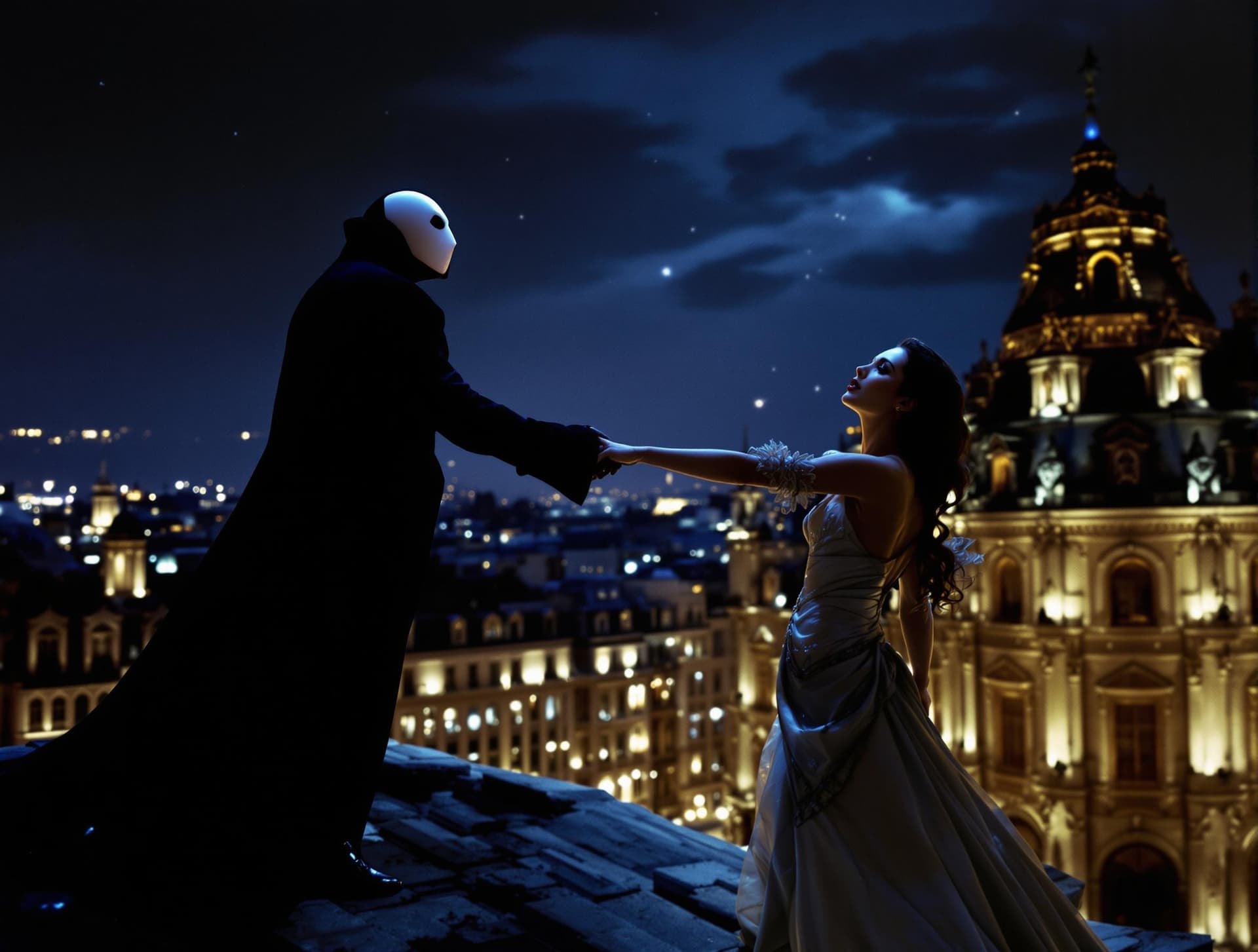 AI generated: Long shot, the Phantom of the Opera (wearing tradition phantom mask) and Christine stand atop the ro...