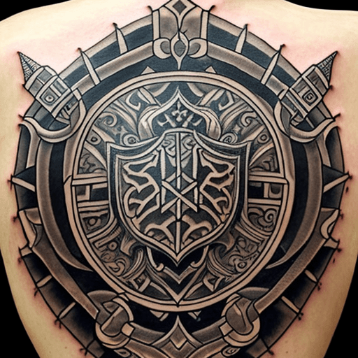 AI generated: A tattoo with A black and gray design incorporating an ornate shield, a sharp sword, and medieval ar...