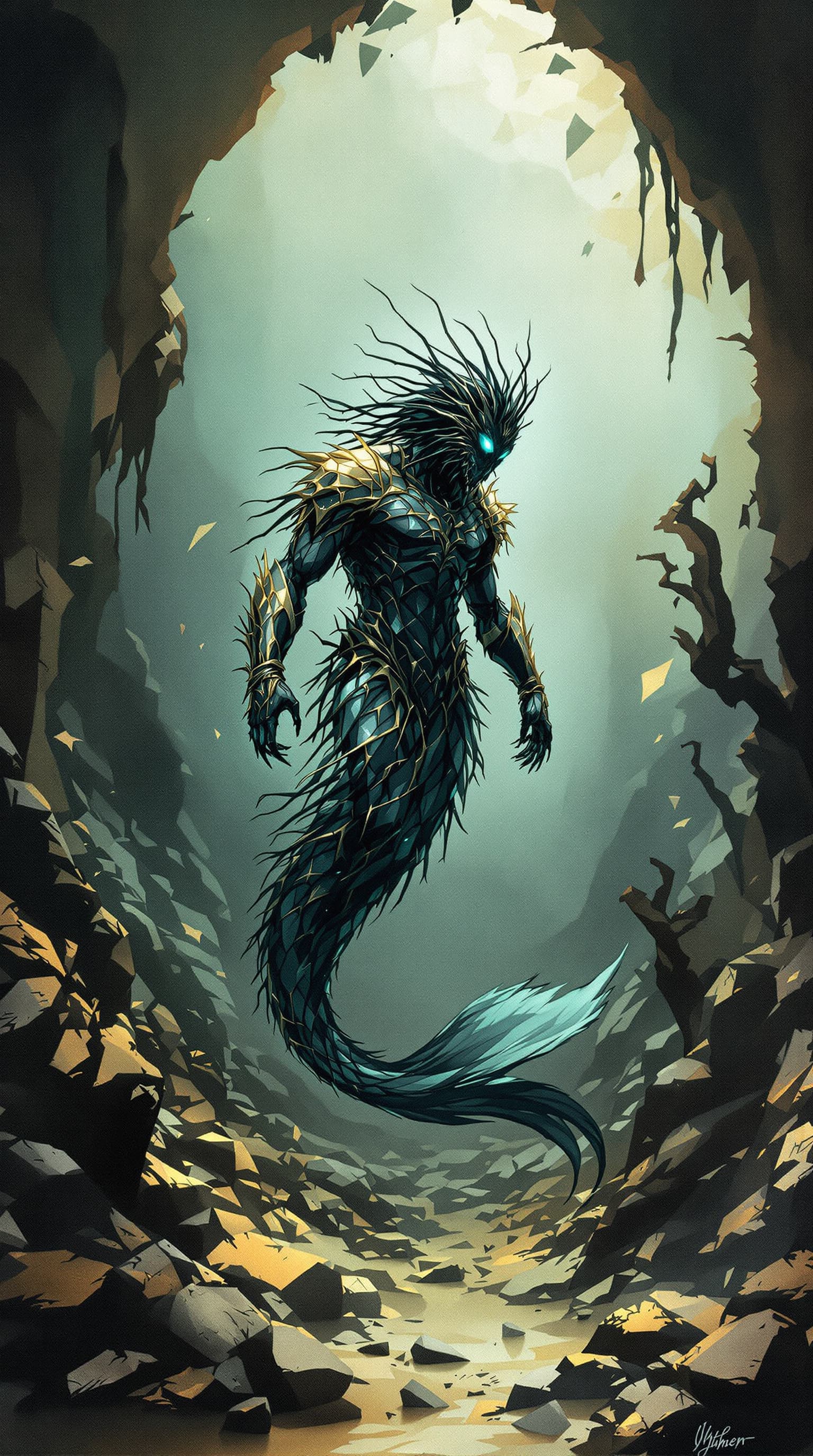 AI generated: Image is a cinematic, moody watercolor ink wash illustration featuring, underwater, verdigris, The o...