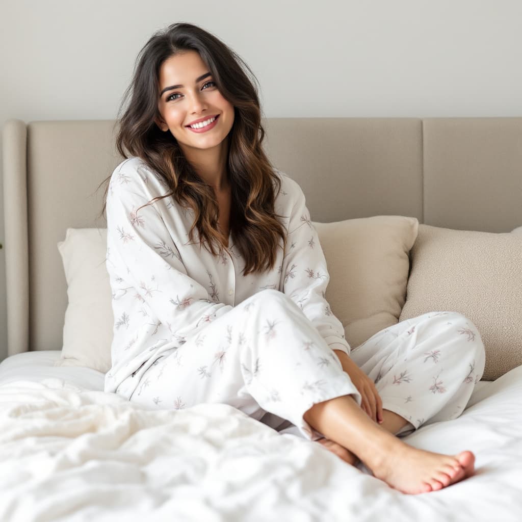 AI generated: woman wearing soft pajamas and barefoot sitting on comfortable bed