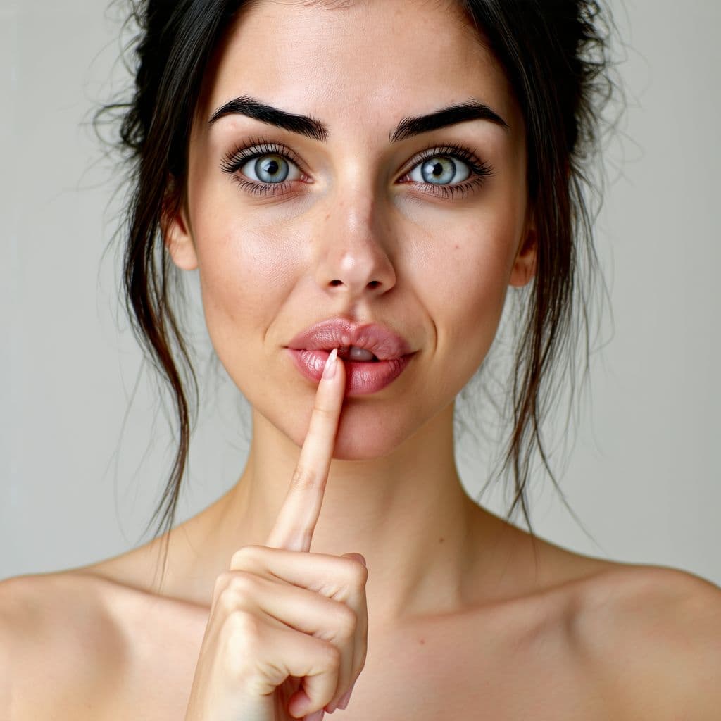 AI generated: young woman is holding her thumb and index finger to her pussy lips stay wide apart, 1girl, looking ...