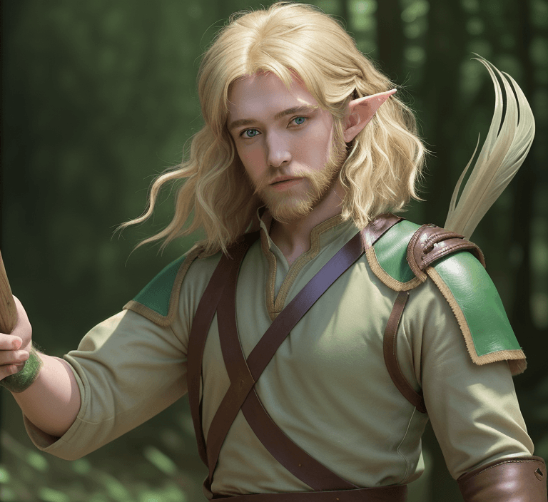 AI generated: high detailed professional upper body photo of a very young half-elf archer with shaggy blonde beard...