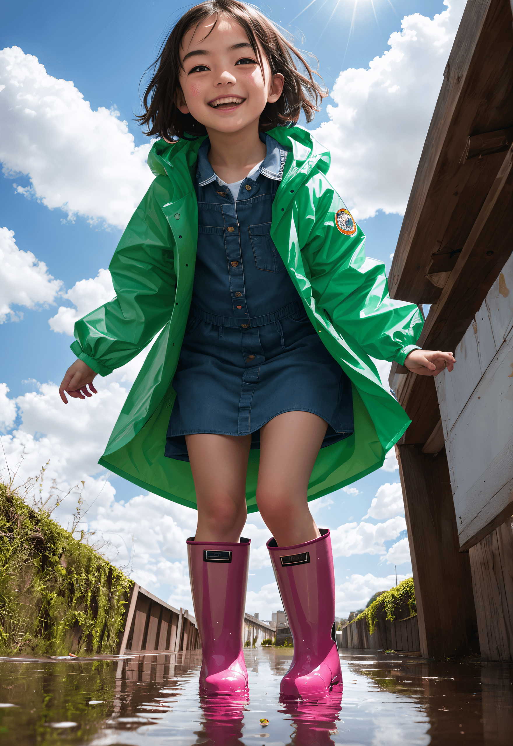 AI generated: absurdres, highres, one girl, (round:1.3), 13yo, loli, cute, (puddle:0.7), ground, (from below:1.15)...