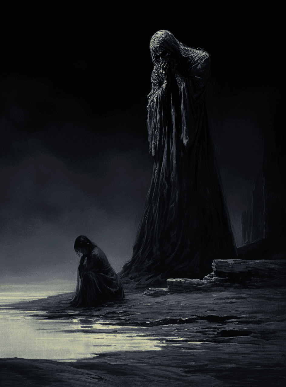 AI generated: black and white illustration of the grim reaper standing over a terrified woman on her knees in a ro...