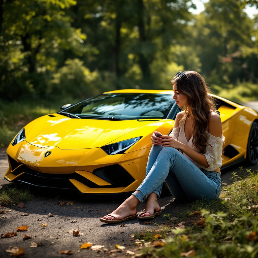 AI generated: Create an image of a Lamborghini yellow with a girl outside