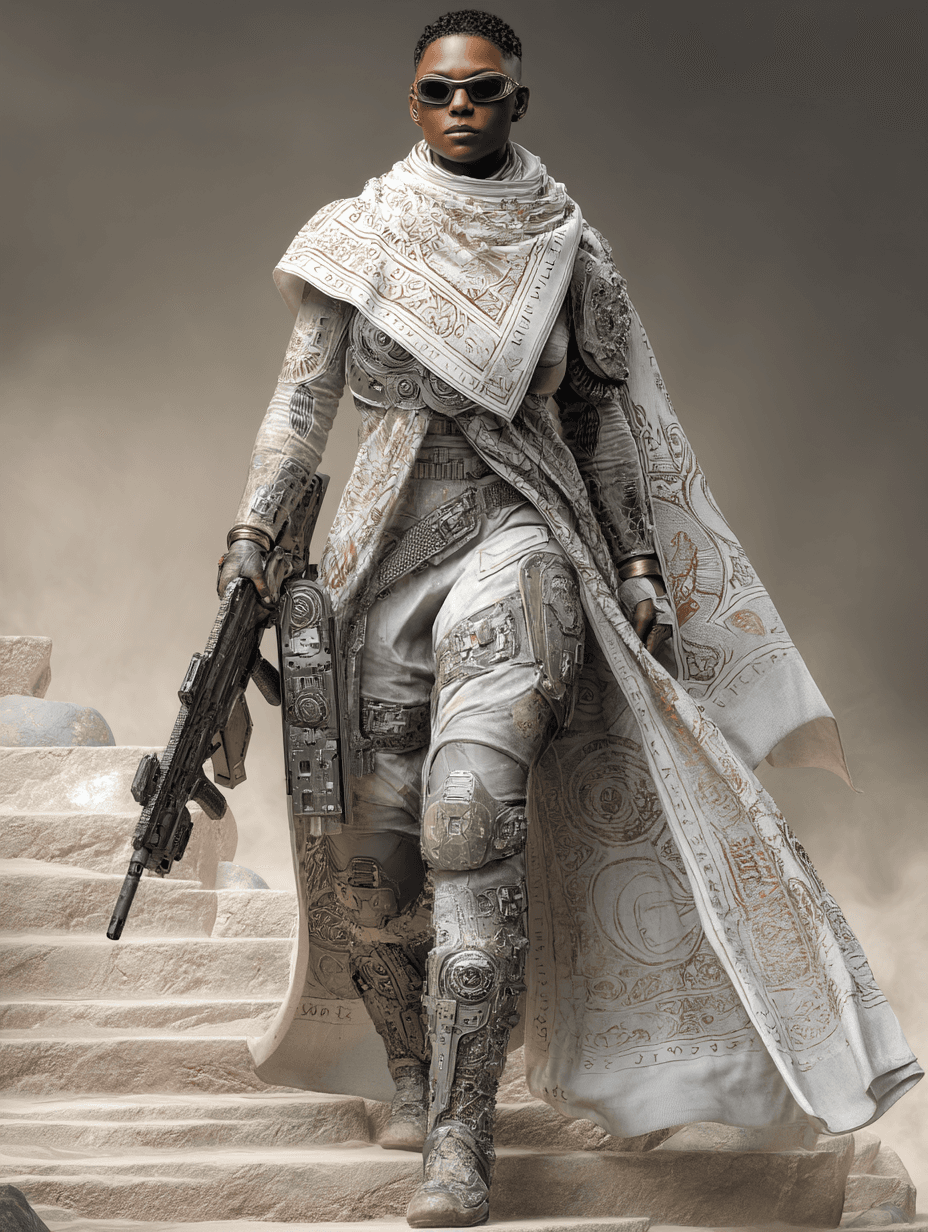 AI generated: Dark-skinned female figure, approximately 25 years old,  wearing a full-body,
 ornate, white and gr...