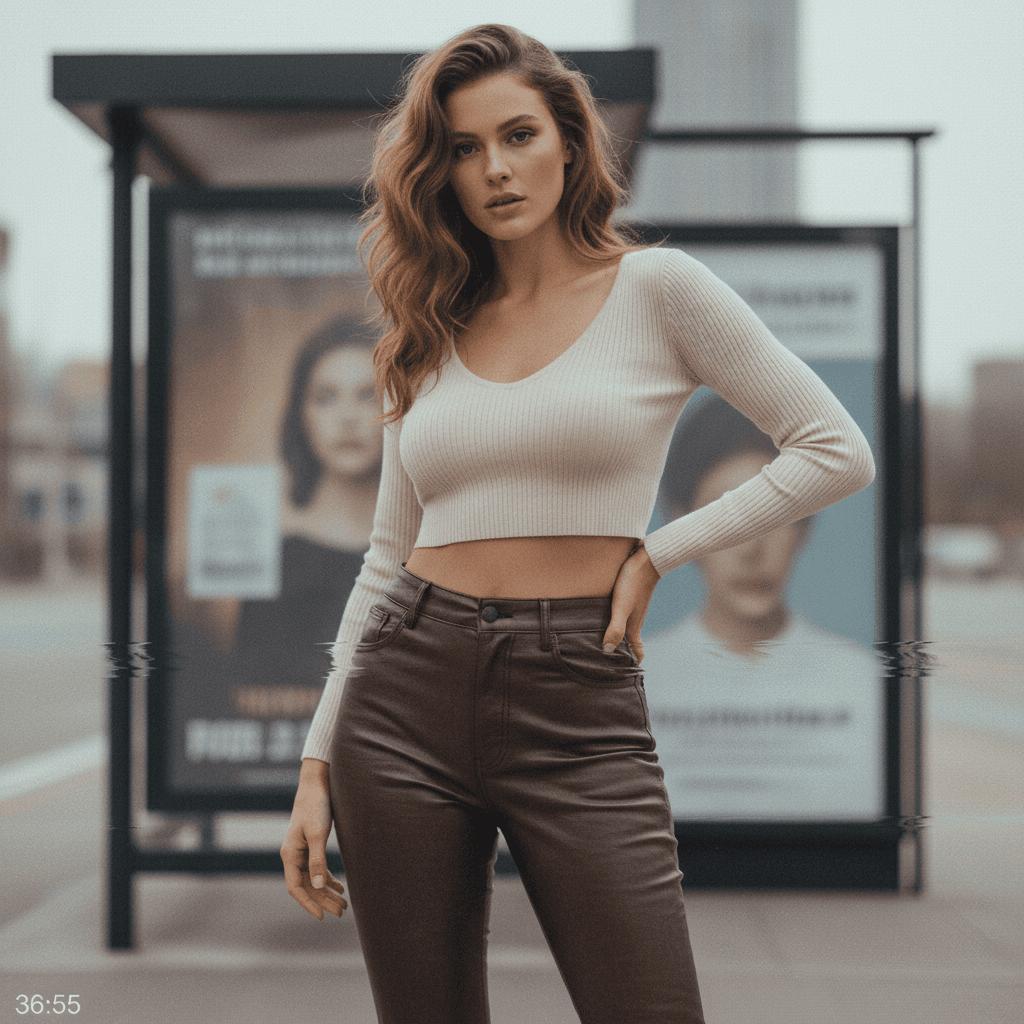 AI generated: a woman wearing a cropped top and leather super tight pants standing in front of the bus stop, effec...