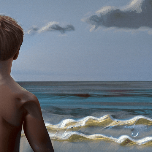 AI generated: A 16-year-old American boy, white, shirtless, at the beach. cinematic, digital painting, high detail...