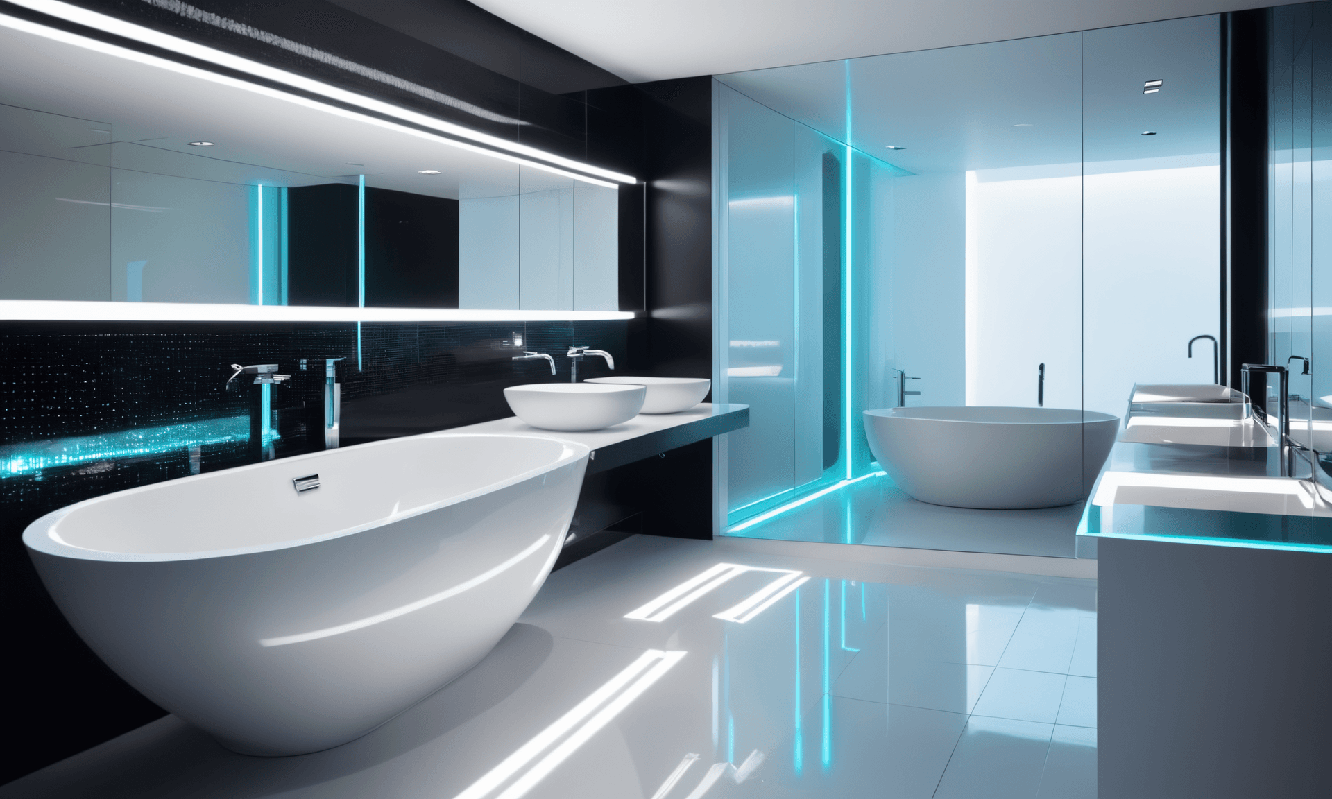 AI generated: A Photograph of a sleek, futuristic bathroom where gleaming chromed surfaces meet holographic displa...