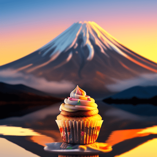 AI generated: Hyper realistic image of a person eating cupcake in mount fuji 
