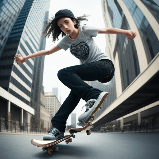 AI generated: realistic photography 3d, dynamic range, in the city, ollie motion with professional girl skateboard...