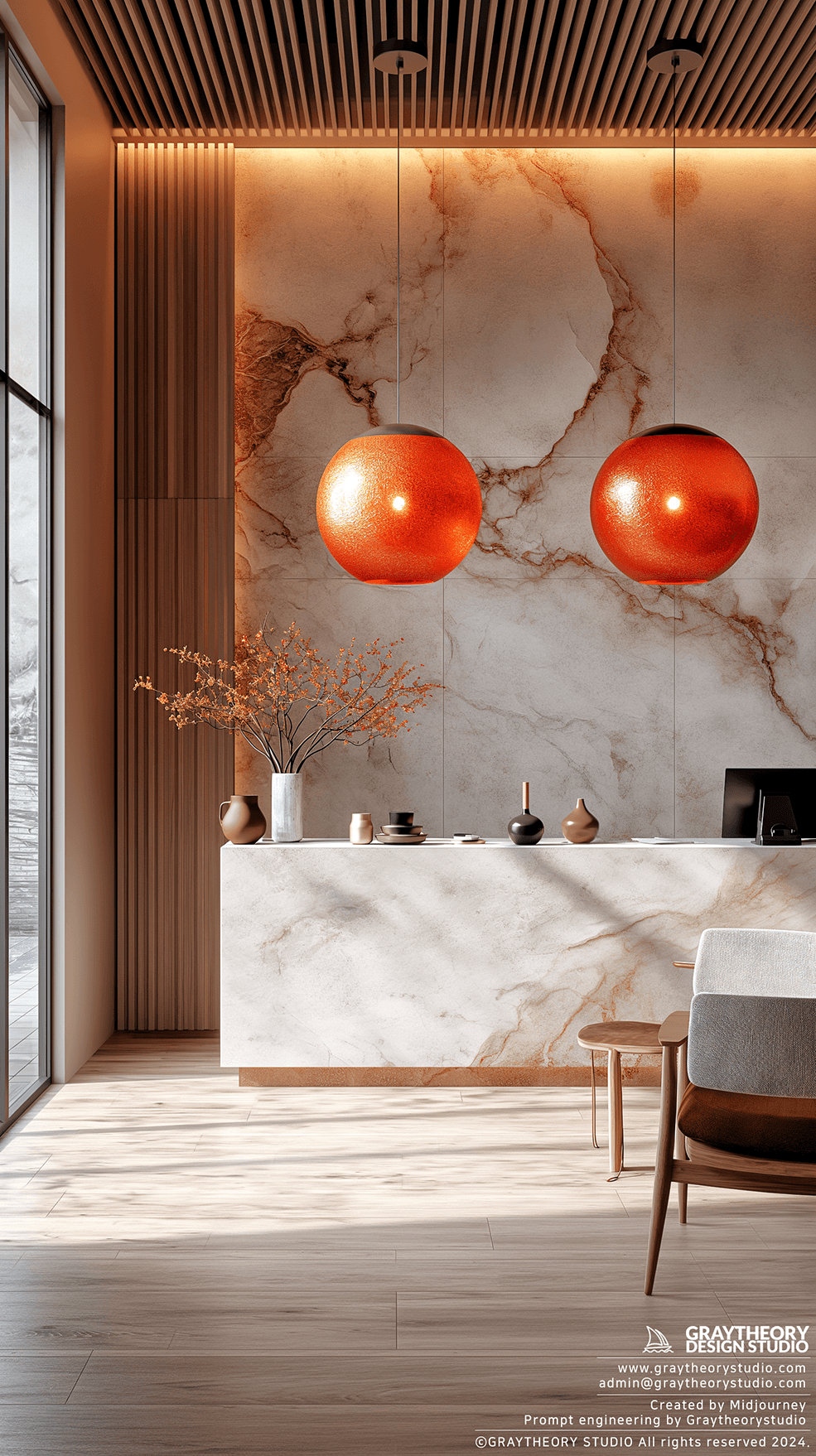 AI generated: casual reception, desk trendy pendant light, Nikon Z9, backdrop is a white marble wall, illuminated ...