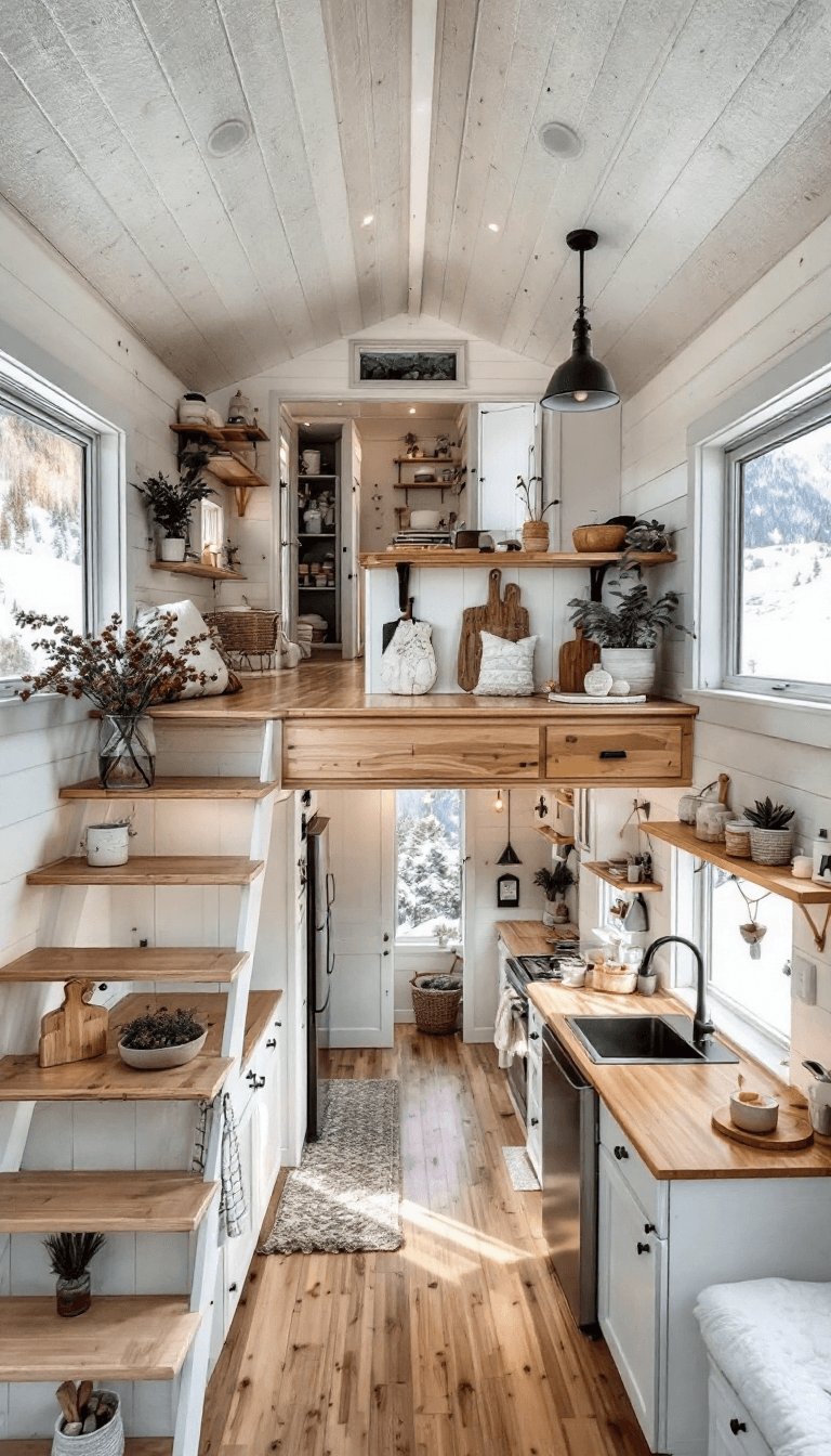 AI generated: photo of a tiny house with 2 floors, cozy white and wood interior, small space, minimalistic decor, ...