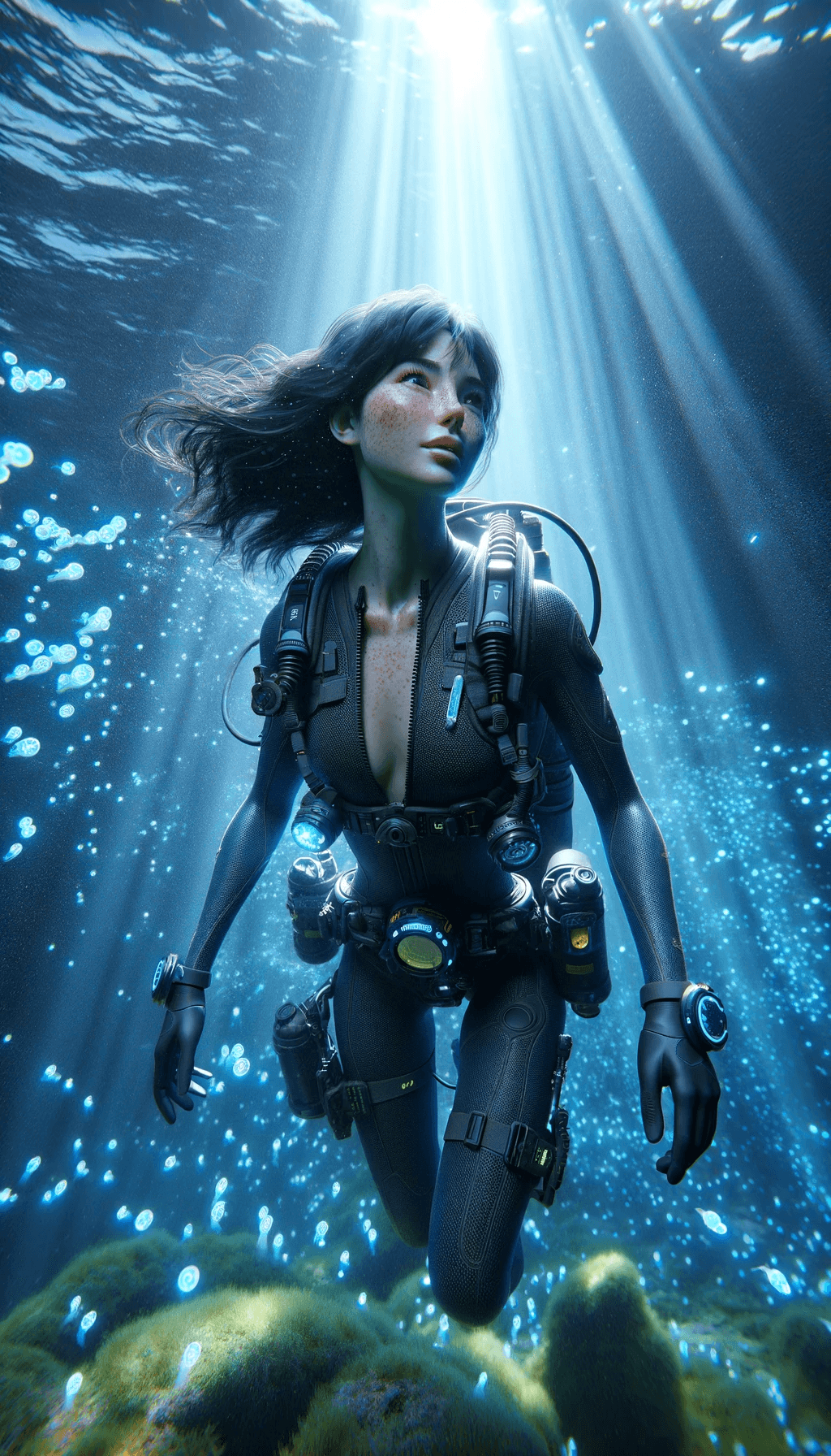 AI generated: A 3D rendered, CGI image of an exploring female diver underwater, characterized by her swimming dark...