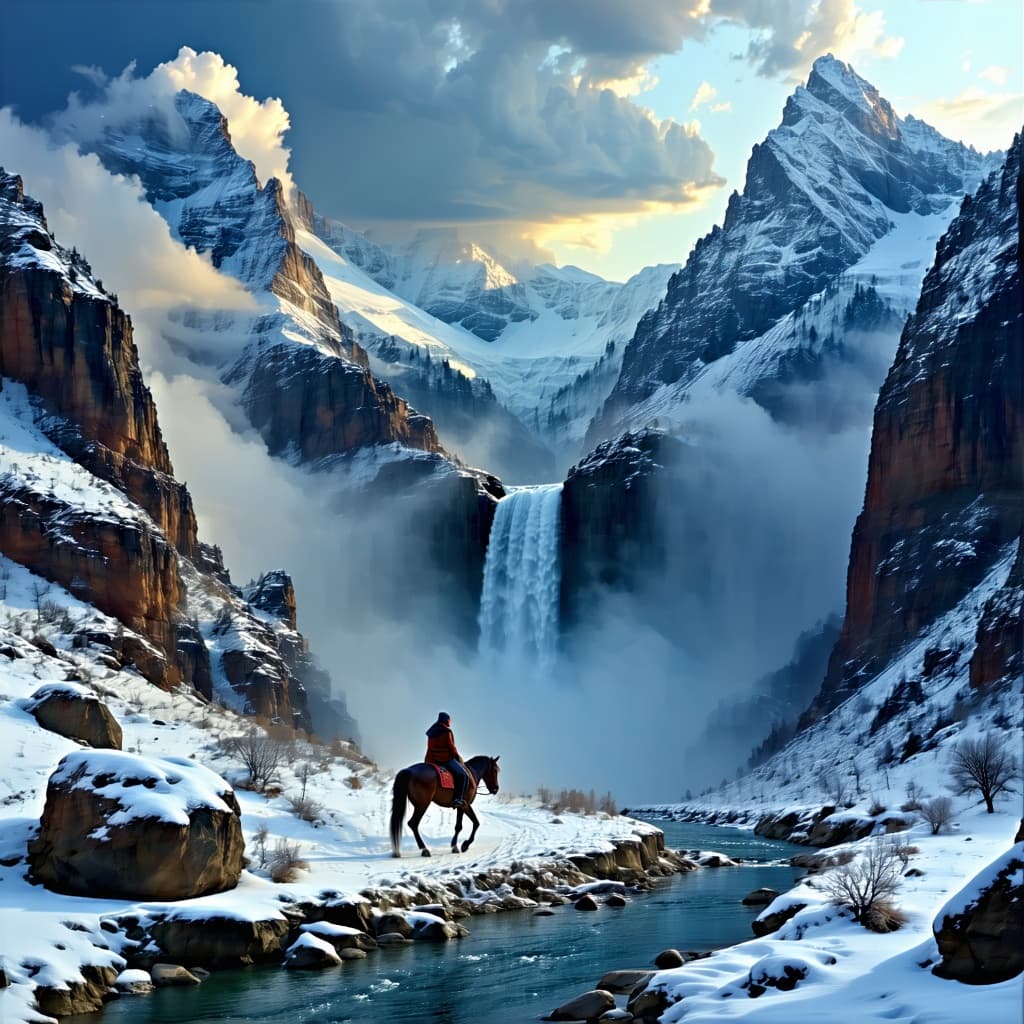AI generated: Deep color, windy, snowy valley, with steep mountains around, deeply detailed 4k, drone-like view fr...