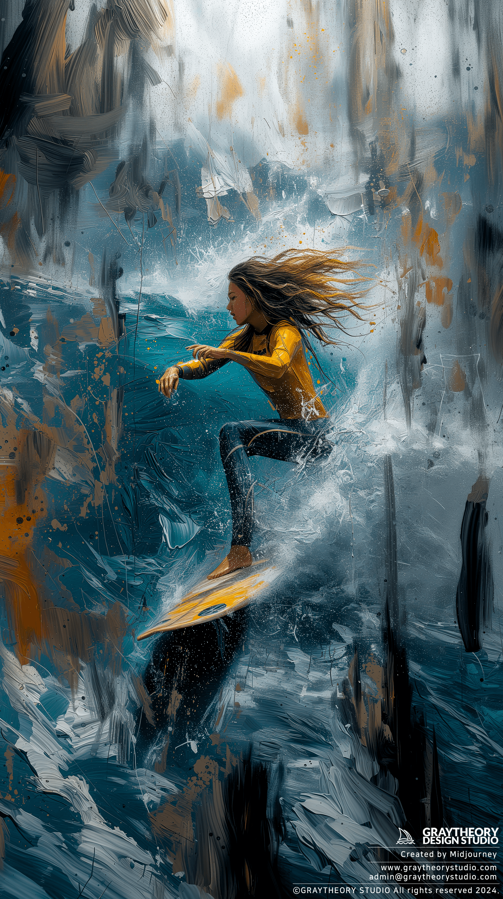 AI generated: artistic, rough painting art, surfing woman with big wave, strong and rough brushed, fluttering wate...