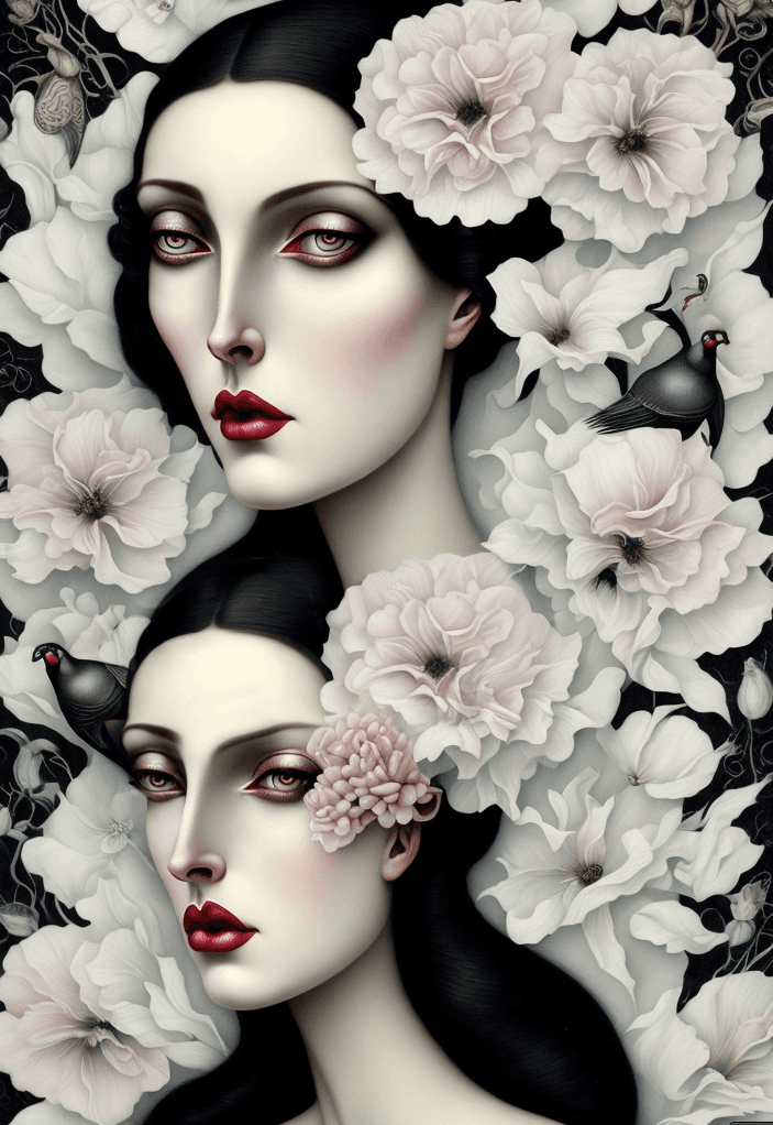 AI generated: floral background, Sinister, insanely high cheekbones, symmetrical, irises and whites are visible, p...