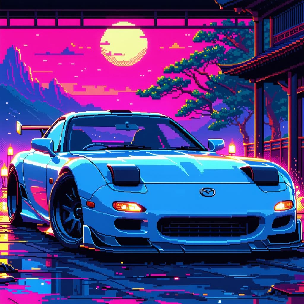 AI generated: A Mazda RX7 1997, best pixel art, neo-geo graphical style, retro nostalgic masterpiece, 128px, 16-bi...