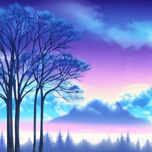 AI generated: anime style landscape twilight sky pastel colors with trees on the back