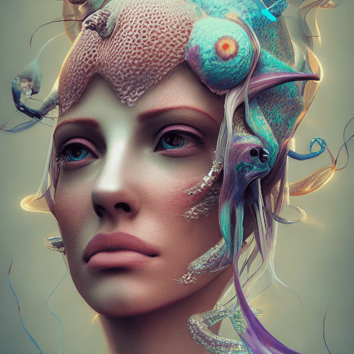 AI generated: Goddess close-up portrait ribcagel. jellyfish phoenix head, nautilus, orchid, skull, betta fish, bio...