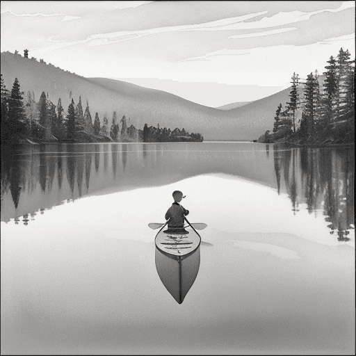 AI generated: Saranac Lake::0.3 boy paddling canoe::0.5 high-contrast Adirondack Mountains forest landscape photog...