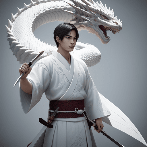 AI generated: A young man, 25 years old, holding a sword, dressed in traditional Japanese white attire, with a coo...