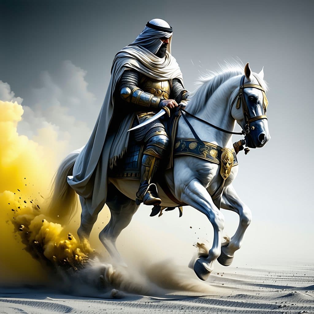 AI generated: A 6th-century Arab warrior on a muscular white horse, wearing Arab war clothes and armor-like scales...