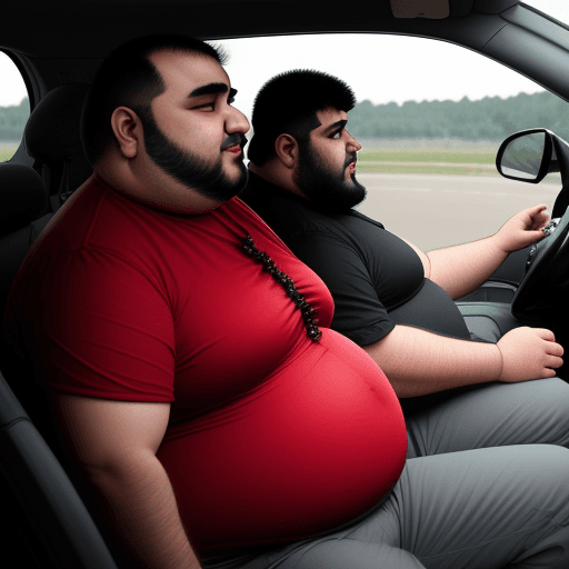 AI generated: A fat Iranian man with a devilish haircut is driving dangerously in a cherry red 206 car