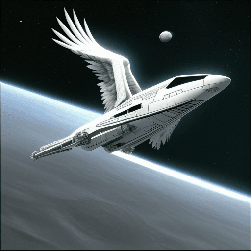 AI generated: Eagle ship from tv series "space 1999", white color, speeding through space, coming to a stop over t...