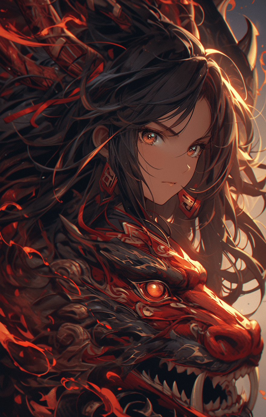 AI generated: of death knights anime girl in fire, in the style of chinese new year festivities, caricature-like i...