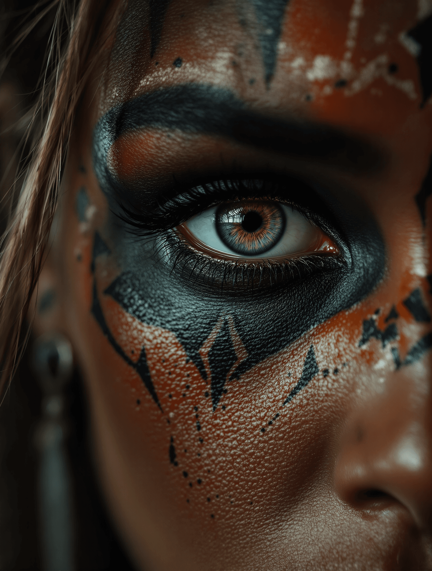AI generated: A close-up portrait photograph, focusing mainly on the left eye of a mysterious woman with trigueña ...