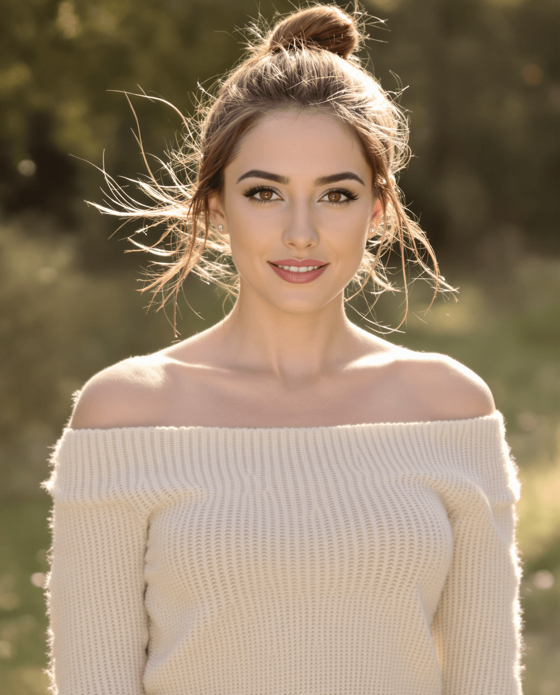 AI generated: Keeley Hazell has an oval-shaped face with high cheekbones, a softly defined jawline, and a gentle c...