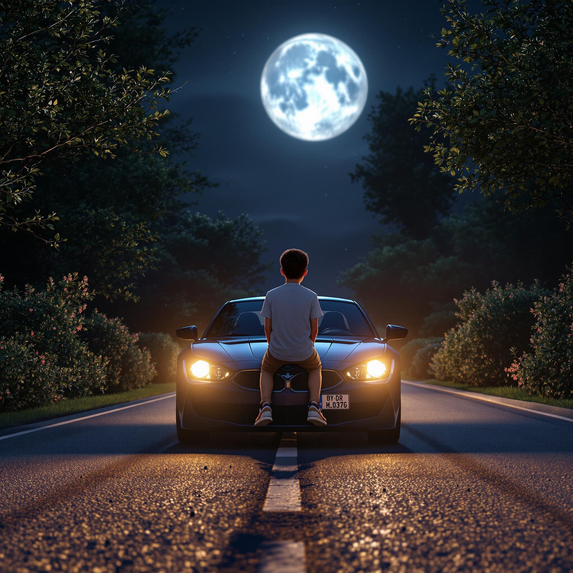 AI generated: 3D Render, 3D Scene, 3D Art, a boy sitting on the front hood of a car on a road at night around the ...