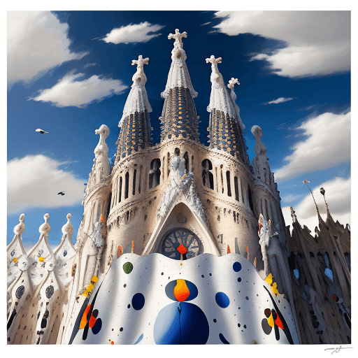 AI generated: Hyper realistic paint joan miro abstract panoramic size, white background, paint of sagrada familia ...