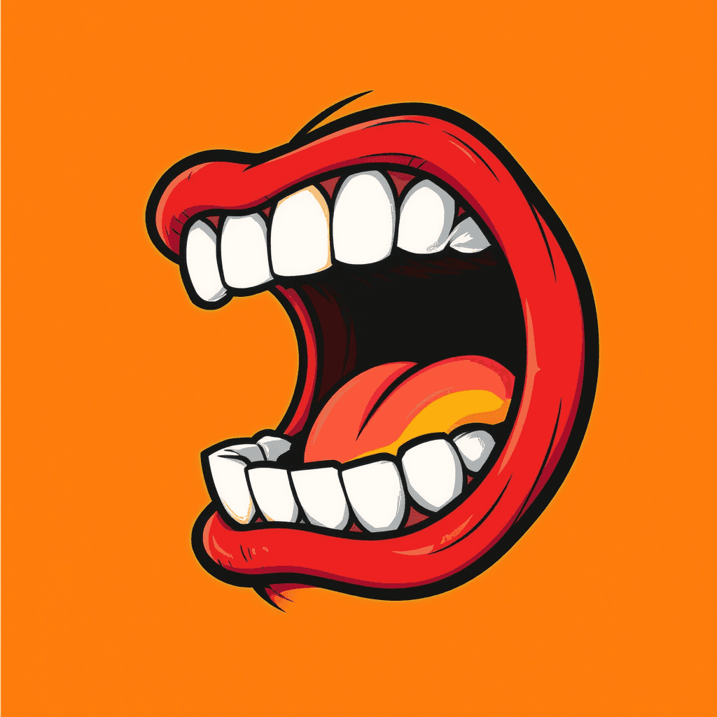 AI generated: A fun, exaggerated cartoon mouth seen from the side, wide open as if roaring or about to eat somethi...