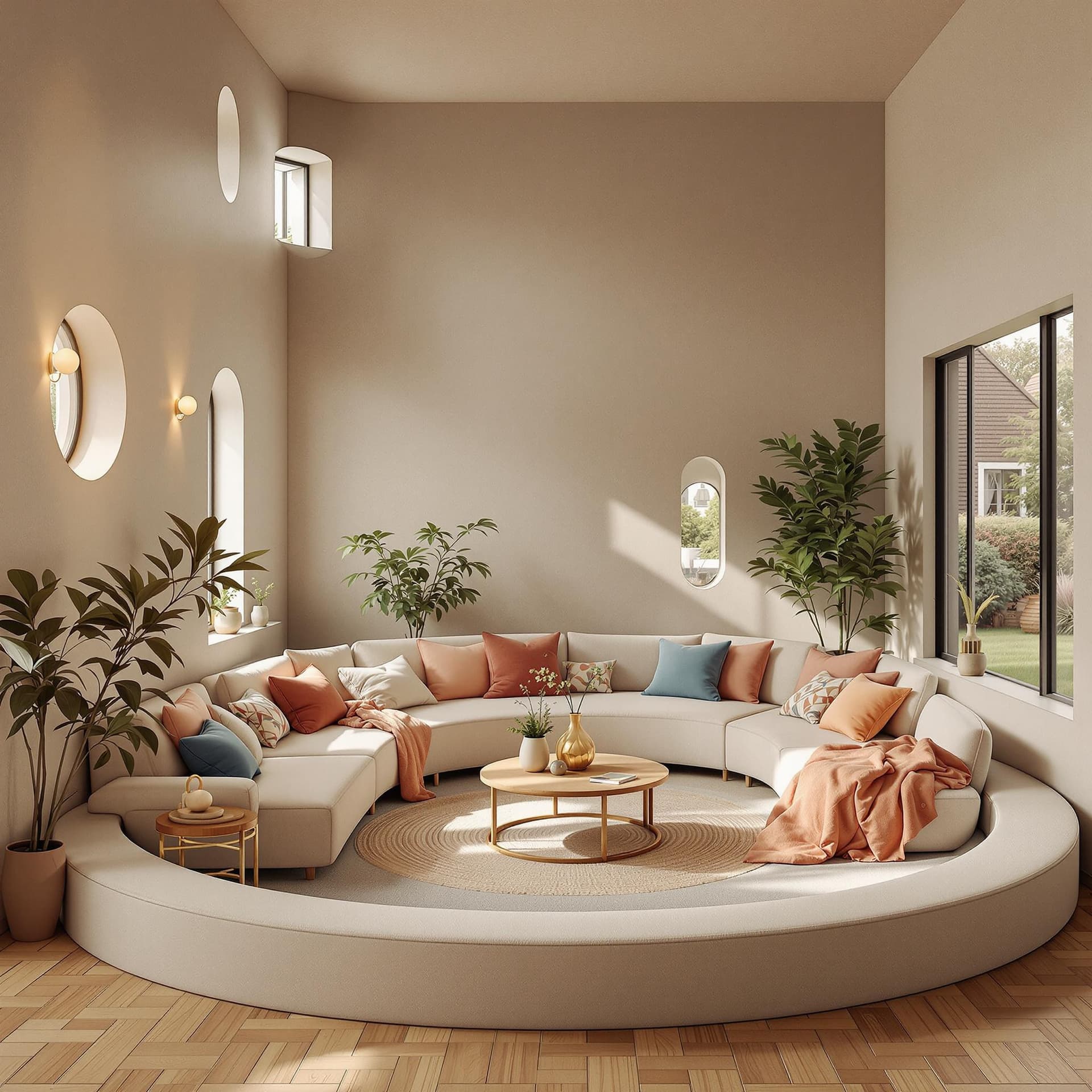 AI generated: High resolution photography interior design, dreamy sunken living room conversation pit, wooden floo...