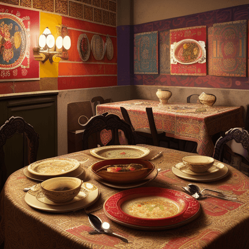 AI generated: urban poster style, traditional home table, vibrant colors, rustic utensils, ceramic plate, plastic ...