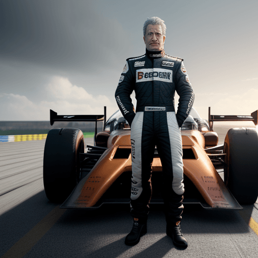 AI generated: Photo of a ultra realistic man standing in front of race car on race track, dramatic light, pale sun...