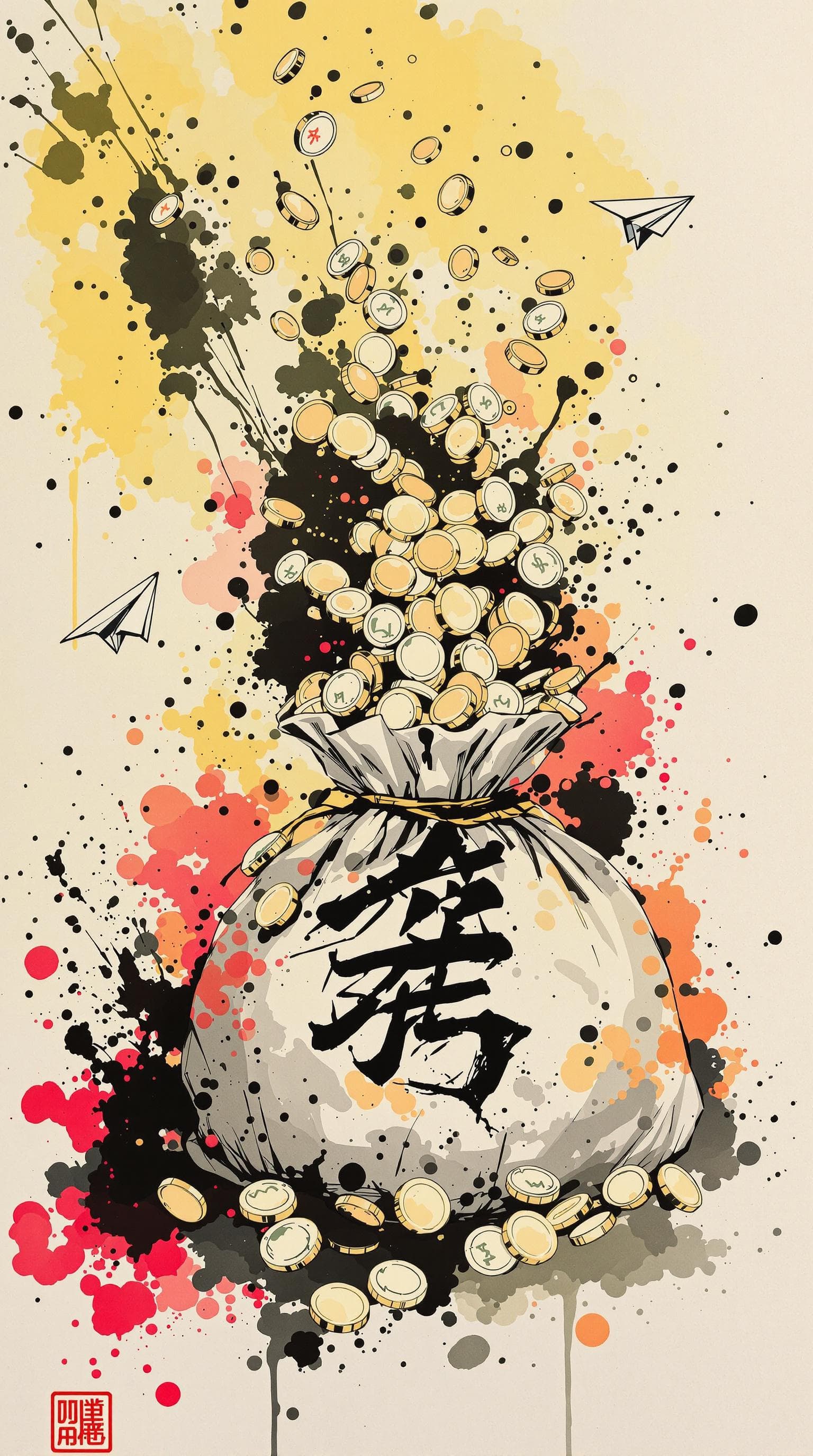 AI generated: Omamori，Coins, A money bag overflowing., paper airplane, detailed,full-body shots,ink style,Ink spla...