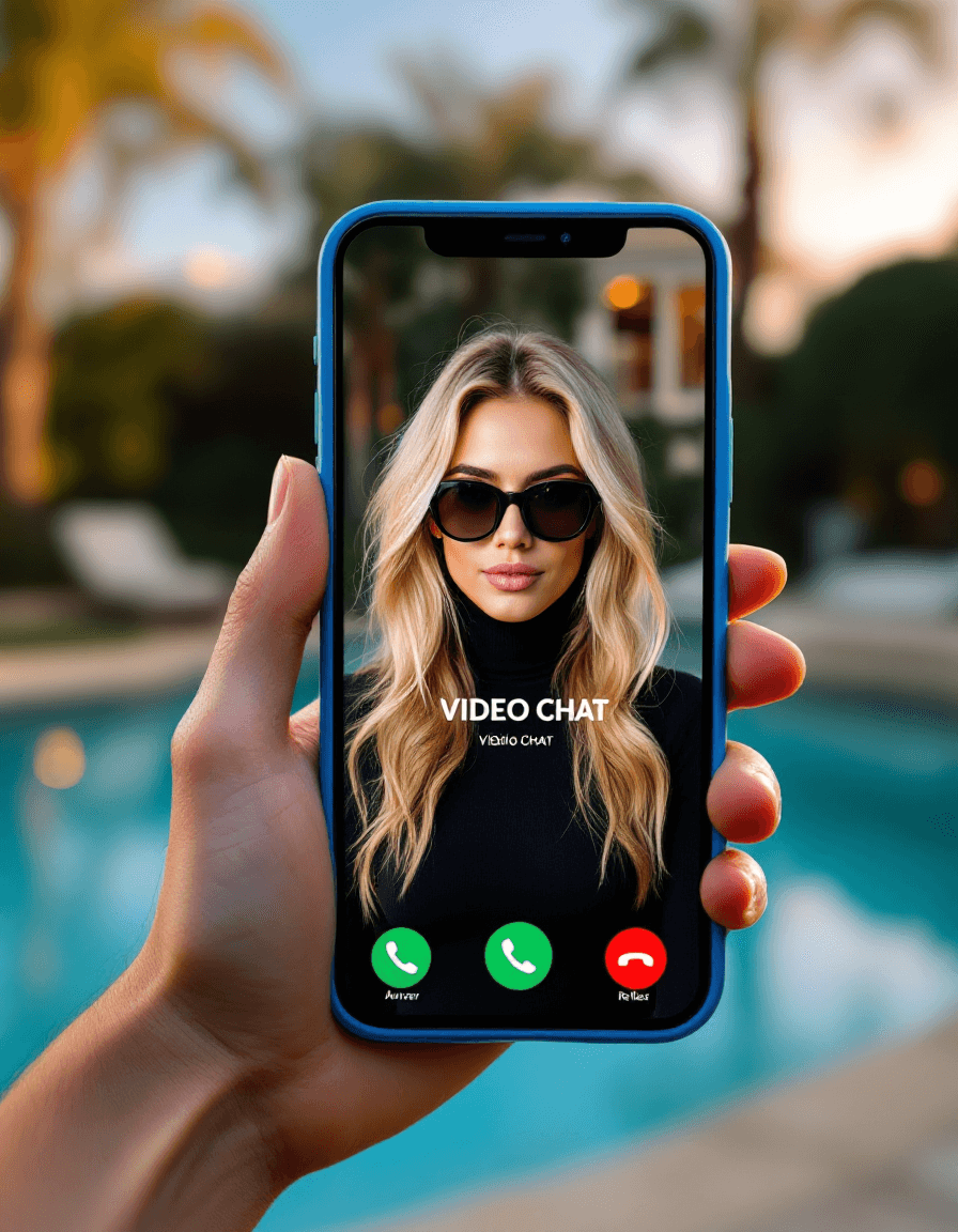 AI generated: The screen of a blue iPhone 14 in a man's bare hand in a luxurious backyard, poolside, anchors the s...