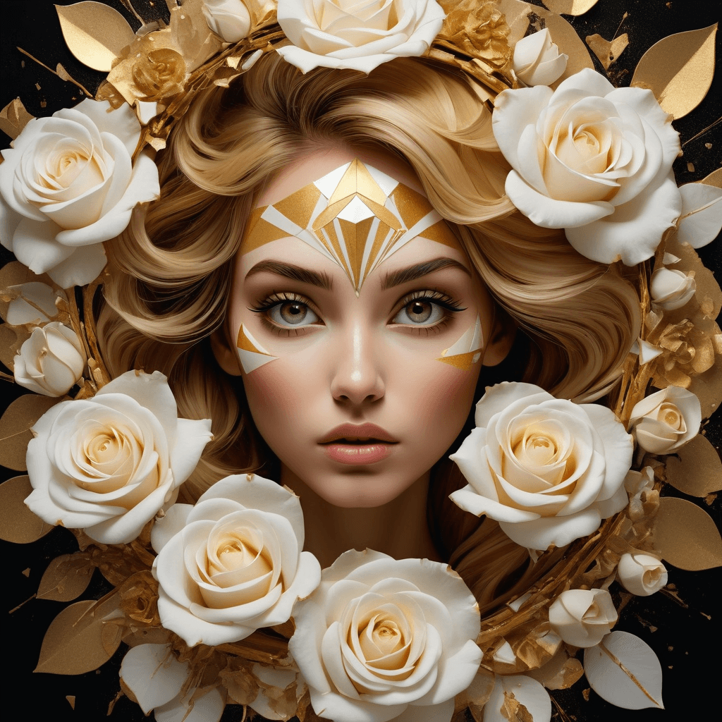 AI generated: Ultra detailed artistic abstract photography of woman's face (geometrical), golden, white roses, det...